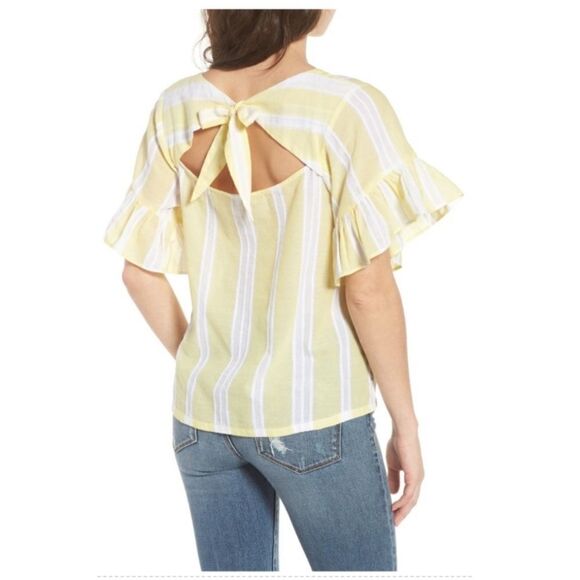 BP Womens Yellow Striped Top Size Large Tie Back Short Sleeve Flutter - Picture 7 of 7
